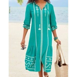 SOFT Surroundings PXS  Tropical Green JOLIE EMBROIDERED Cotton MIDI Dress Travel